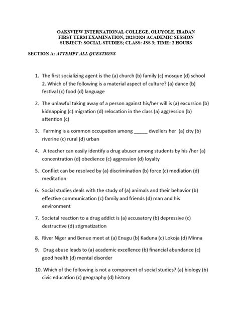 Social studies jss3 first term objective questions.  Basic 7/JSS1 Examinat...