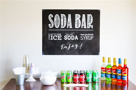 Soda bar. Add ice to a tall glass, filling about ¾ of the way full. Pour in the club soda. Add a few tablespoons of your favorite flavored syrup. Slowly pour in the heavy cream or half and half. Top with garnishes like whipped cream, fruit, and a festive paper straw . Stir to mix the ingredients and serve immediately. 