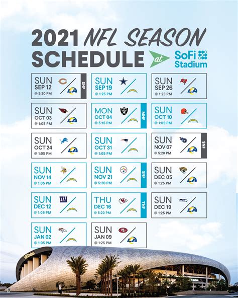 Sofi schedule. Headlined by hosting the reigning NFC champion Philadelphia Eagles at SoFi Stadium in early October, plus a Monday Night Football Super Bowl LVI rematch against the Bengals in Cincinnati and two divisional matchups early on, the Rams have the ninth-toughest strength of schedule (.533) of any team this year, based on their … 