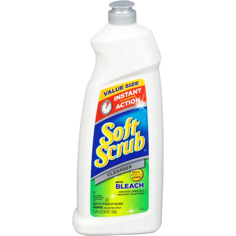 Soft scrub with bleach. Clean most surfaces without scratches. Keep glass clean and remove unsightly soap, tooth paste and mildew stains from tubs, showers and sinks without scratching. Clean grout easily, leaving floor and shower … 