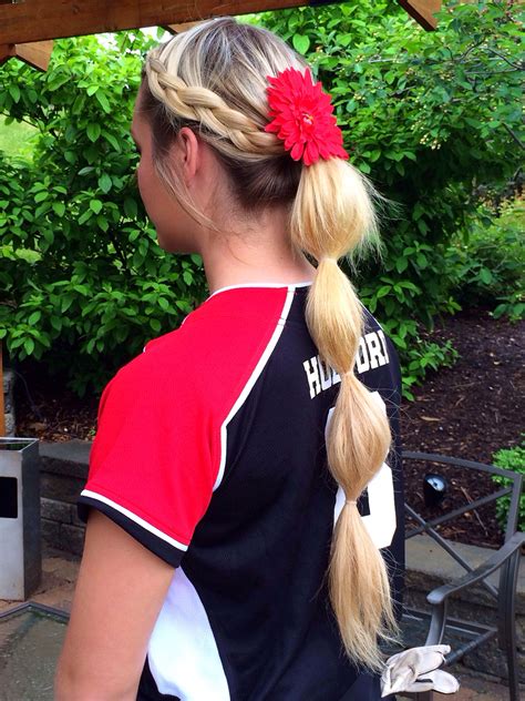 Softball hairstyles with bows. Cheerleading. American Football. Cheer Ponytail. Braided Cheer Hair. Cheer Hairstyles With Bows Short Hair. Cute Cheer Hairstyles With Bow. Cheer Hairstyles. Softball hairstyles. Two dutch braids meet into a pony tail. 