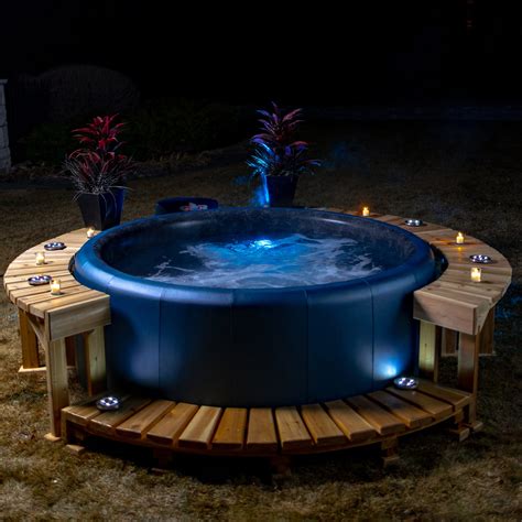 Softub hot tub. Softub makes a lightweight (less than 75 pounds) and full-featured portable hot tub, with cushioned seating and targeting jets. It’s easy for one person to install, energy-efficient, and even operates on its own heat. In addition to Softub, the variety of quality brands we have to choose from includes Maax Spas and TheraSauna. 