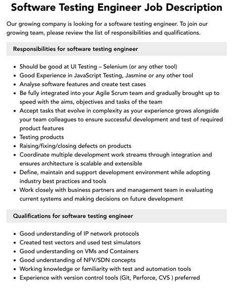 Software Testing Engineer Job Description Velvet Jobs