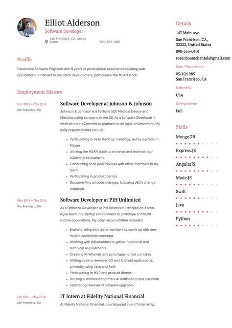 Software developer resume examples. Feb 9, 2024 · The language on your Java developer resume should be simple with consistent punctuation. For example, if you end one bullet point with a period, continue that format throughout. Avoid using personal pronouns, and remember to use active verbs for impact. Poor bullet points in your Java developer resume: Software developer for 5 years 