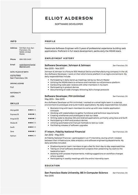 Software developer resume examples. Feb 9, 2024 · The language on your Java developer resume should be simple with consistent punctuation. For example, if you end one bullet point with a period, continue that format throughout. Avoid using personal pronouns, and remember to use active verbs for impact. Poor bullet points in your Java developer resume: Software developer for 5 years 