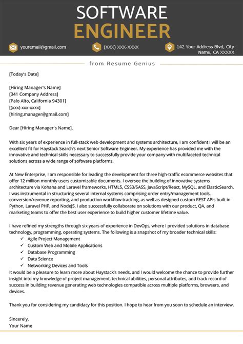 Software engineer cover letter. Resume Examples for 2024. Stephen Greet January 12, 2024. You have a keen eye for detail, a natural understanding of complex algorithms, and a true love for software engineering. Since you’ve begun honing your skills, you’ve already gained experience in coding, debugging, and testing. No two junior software engineering jobs … 