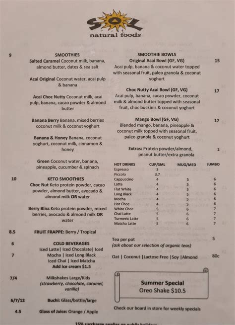 Sol Natural Foods from DARRA Menu