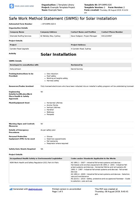 Solar Installation Safe Work Method Statement Free Editable Swms