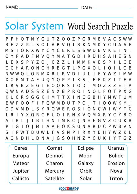 Solar System Word Search Free Printable