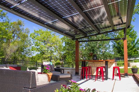 Solar panel pergola. A solar patio cover, also known as a solar powered patio cover, is a type of shade structure for your backyard porch that can provide your home with solar electricity. It’s usually attached to your home and is supported by 2 or more columns or posts. A solar pergola is the perfect for homeowners who cant install solar panels on their roof. 