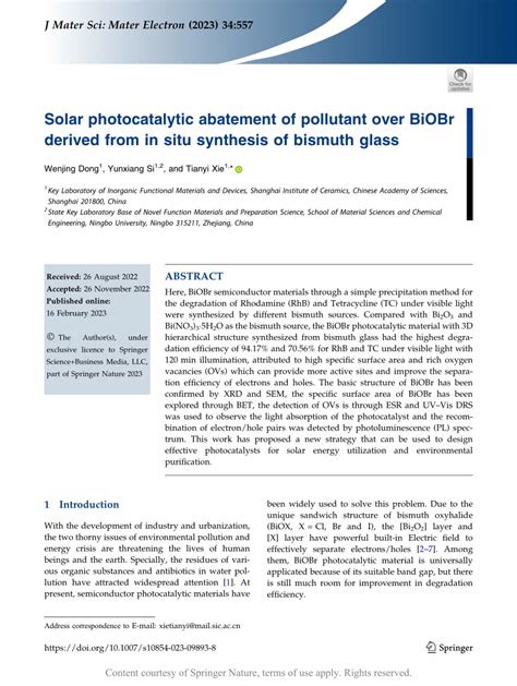 Solar photocatalytic abatement of pollutant over BiOBr derived …