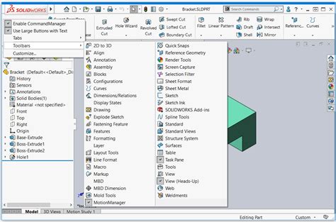 Solidworks toolbar.  Use the View menu to access Toolbars, selecting Comman...