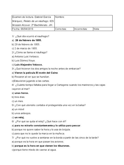 Solucionario Examen Relato de Un Náufrago. PDF