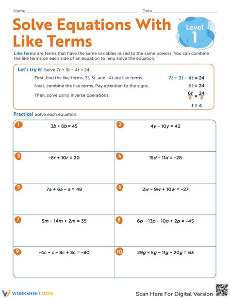 Solve Equations With Like Terms Level 1 Worksheet