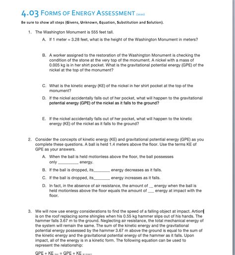 Solved 4.03 FORMS OF ENERGY ASSESSMENT (2024) Be sure to - Chegg