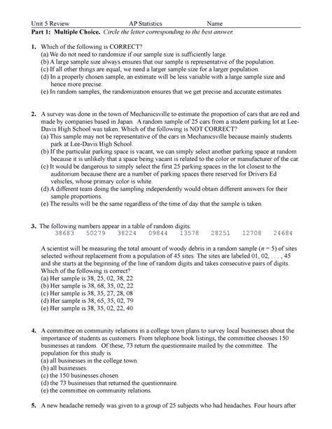 Solved AP Statistics Name Part 1 Multiple Choice. Circl...