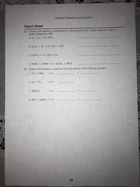 Solved Chemical Reactions and Equations Report Sheet Name