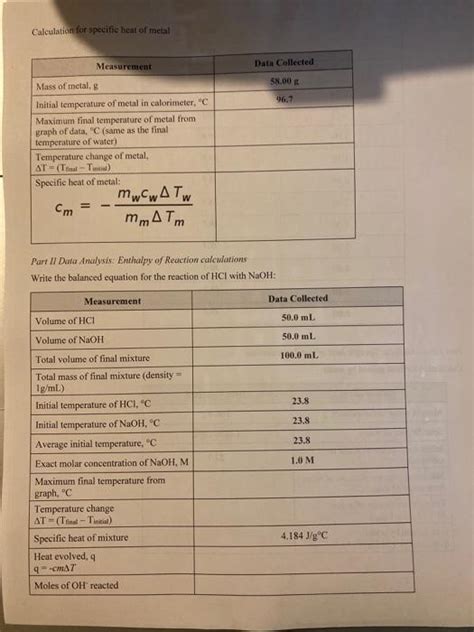 Solved Exp. 18 Calorimetry Data Sheet with data set Table 1