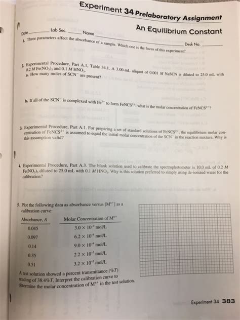 Solved Experiment 34 ratory Assignment An Equilibrium