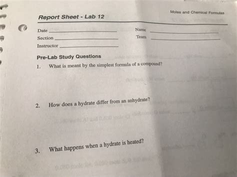 Solved Moles and Chemical Formulas Report Sheet Lab 12