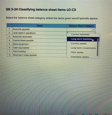Solved QS 324 Classifying balance sheet items LO C3 Select