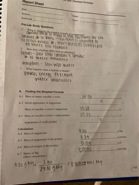 Solved Report Sheet The Mole in Chemical Formulas Name Date
