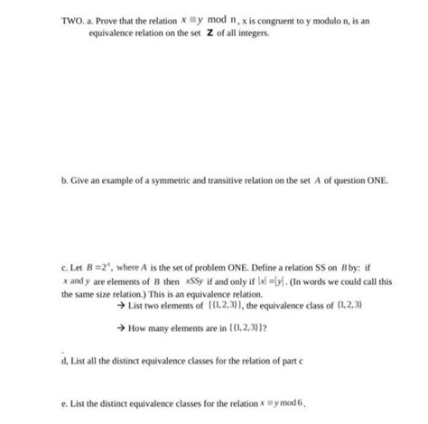 Solved Two A Prove That The Relation Y Mod N X Is Congr Chegg Com