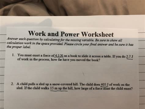 Solved Work and Power Worksheet Answer each question by