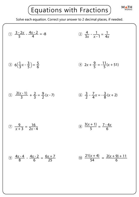 Solving Equations with Fractions Worksheets Math Monks