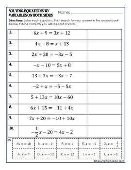 Solving Equations with Variables on Both Sides Activity! Mini Mystery