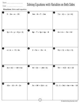 Solving Equations with Variables on Both Sides Worksheet Middle