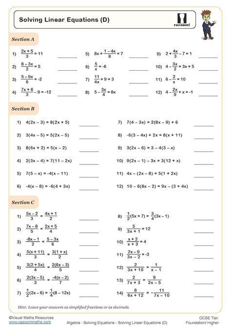 Solving Linear Equations Worksheet Pdf