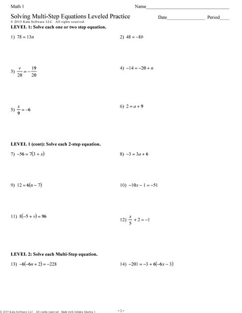 Solving Multi Step Equations Leveled Practice