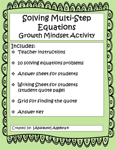 Solving MultiStep Equations Growth Mindset Activity Absolute