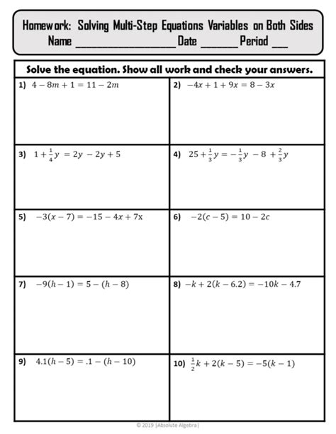 Solving MultiStep Equations Variables on Both Sides Notes Practice