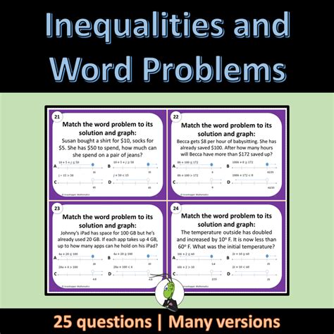 Solving One and Two Step Inequalities Word Problem Task Cards Algebra 1