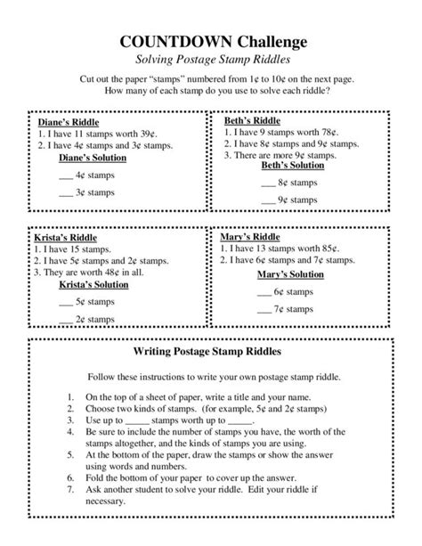 Solving Postage Stamp Riddles Worksheet for 3rd 4th Grade Lesson
