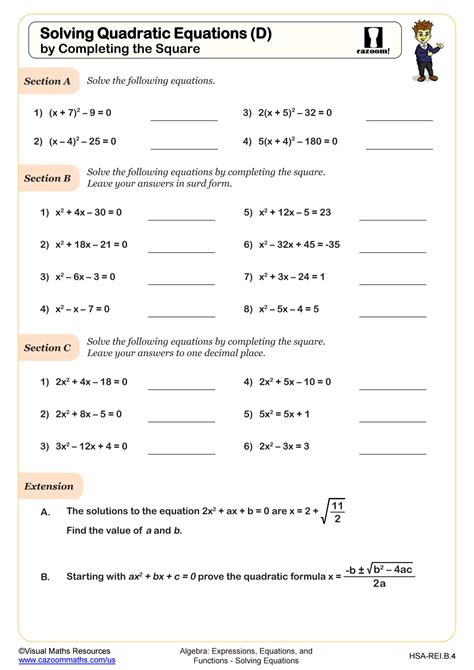 Solving Quadratic Equations Completing the Square EdBoost Worksheet