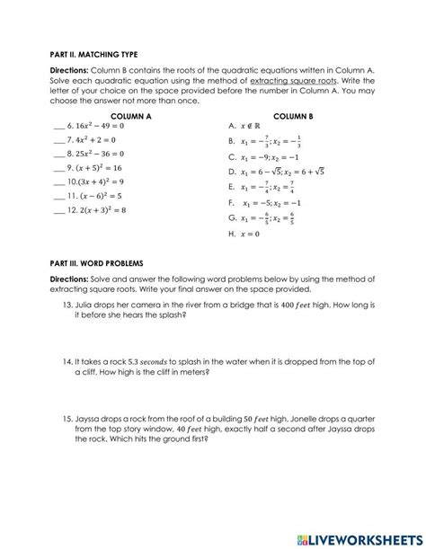 Solving Quadratic Equations Using Extracting Square Roots worksheet