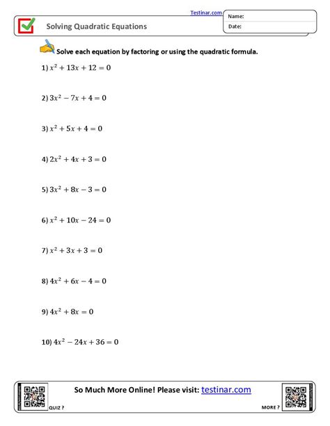 Solving Quadratic Equations Worksheet