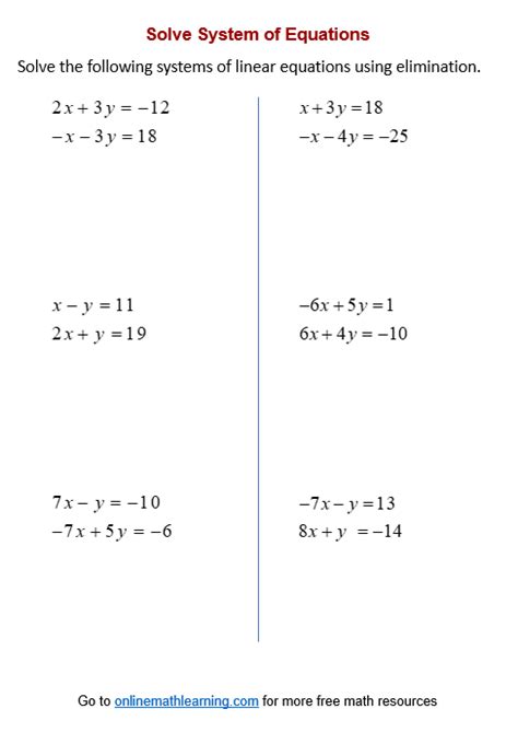 Solving Systems Of Equations By Elimination Worksheet Math Aids