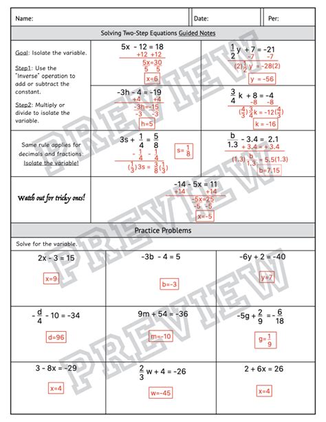Solving TwoStep Equations MiniLesson Guided Notes and Practice Made