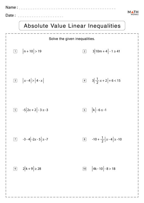 Solving compound and absolute value inequalities worksheet answers. To solve absolute value inequalities with a “greater than” symbol, you should split the problem into two separate inequalities, like solving an absolute value equation. This strategy is demonstrated in Example 1. For inequalities with a “less than” symbol, you can solve the two inequalities at the same time, as shown in Example 2 ... 