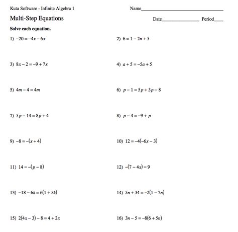 Solving multi step equations kuta software. {1} 15) {0} {0} 18) {−2} No solution. {−3} {−7} Divide by 5 first, or (2) Distribute the 5 first. Create your own worksheets like this one with Infinite Algebra 2. Free trial available at KutaSoftware.com 