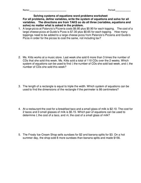 Solving systems of equations word problems worksheet Schemes and