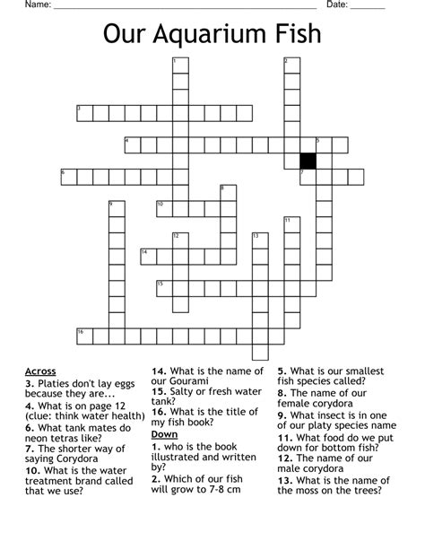 The Crossword Solver found 30 answers to "aquarium fish crossword clue", 7 letters crossword clue. The Crossword Solver finds answers to classic crosswords and cryptic crossword puzzles. Enter the length or pattern for better results. Click the answer to find similar crossword clues . Enter a Crossword Clue. A clue is required.