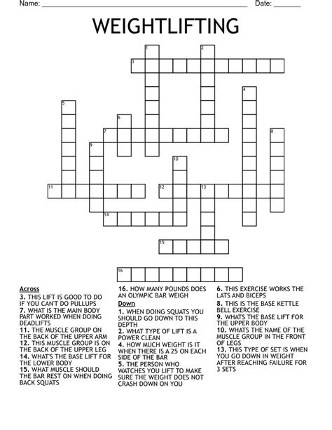 Some weightlifting maneuver crossword. For the puzzel question WEIGHT LIFTING MANEUVER we have solutions for the following word lenghts 4. Your user suggestion for WEIGHT LIFTING MANEUVER. Find for us the 2nd solution for WEIGHT LIFTING MANEUVER and send it to our e-mail (crossword-at-the-crossword-solver com) with the subject "New solution suggestion for WEIGHT LIFTING MANEUVER". 