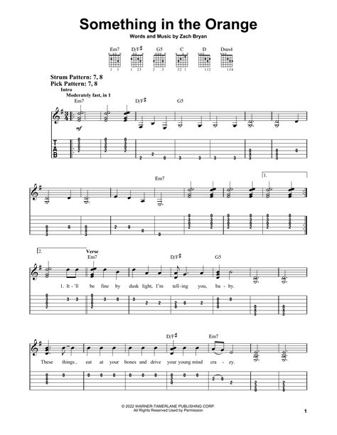 Something in the orange guitar. Product Type: Musicnotes. Product #: MN0264568. Publishing administered by: Alfred Publishing Co., Inc. Something in the Orange sheet music by Zach Bryan. Sheet music arranged for Piano/Vocal/Guitar in E Minor. 