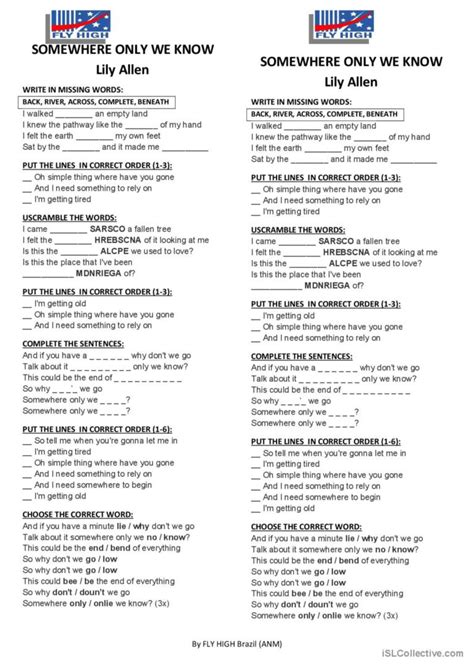 Somewhere only we know activity - Liveworksheets