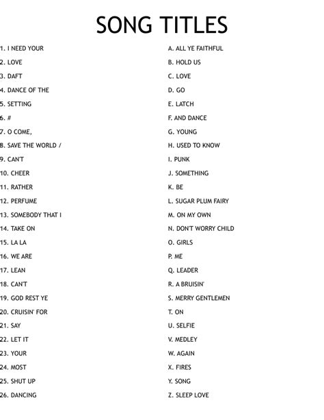 Song titles. , & Stanton, A.  Find songs by Ray Charles, The Beatles, Led Zeppel...